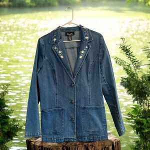 Denim & Co Western Jacket Womens Medium Embroidered Daisies Button Long Sleeve